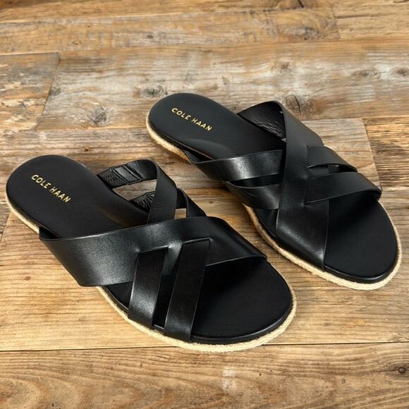Brand New Cole Haan Black Leather Crossover Slides Sandals - Size 7 - Picture 1 of 8